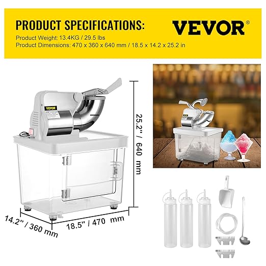 VEVOR 110V Commercial Ice Crusher 661LBS/H, ETL Approved 300W Electric Snow Cone Machine with Dual Blades, Stainless Steel Shaved Ice Machine with Safety On/Off Switch for Family, Restaurants, Bars