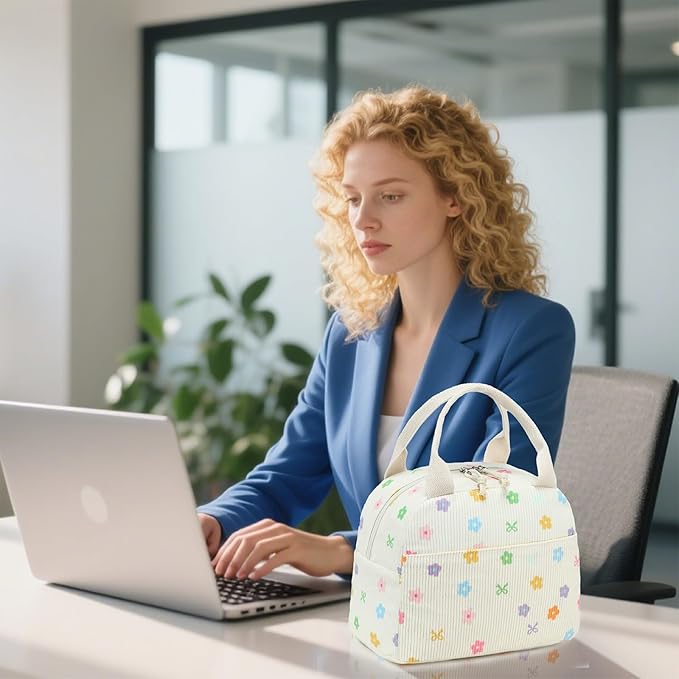 BTOOP Lunch Box for Women Men Cute Corduroy Lunch Bags Large Capacity Insulated Lunch Tote Bag For Work Travel Or Picnic (Colorful Floral Bow)