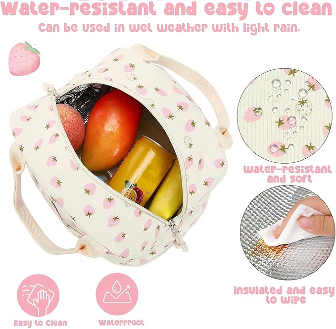 Bluboon Lunch Bag for Women Men Cute Corduroy Lunch Tote Bags Reusable Insulated Lunch Box Large Capacity Reusable Insulated Cooler for Work Picnic or Travel (Beige strawberry)