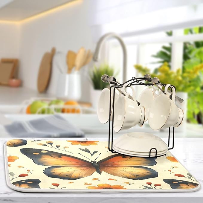 Watercolor Butterfly Pattern Dish Drying Mat for Kitchen Counter Super Absorbent Dishes Pad Reversible Microfiber Protector Dish Draining Mats 18x24 inch