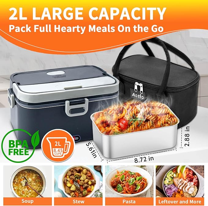 Aotto Electric Lunch Box 2L, 90W Fast Heating (12V/24V/110V) Heated Portable Food Warmer for Car/Truck/Office – Stainless Steel Container, Insulated Carry Bag – Ideal for Adults, Men, Women, Grey