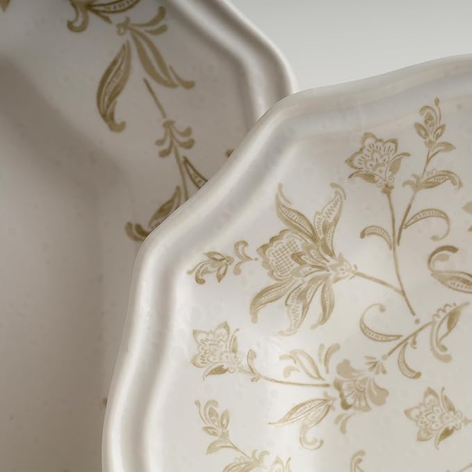 222 Fifth 12-Piece Porcelain Dinnerware Set for 4, Glossy Cream Plates and Bowls Set with Taupe Flowers, Elegant Square Ceramic Dish Set, Kitchen Tableware, Microwave & Dishwasher Safe, Batik Toile