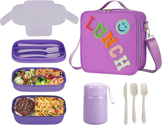 Bento Lunch Box Set for Girl Kids, with 10oz Soup Thermo, Leak-Proof Food Containers, Insulated Nylon Preppy Lunch Bag with Adjustable Strap for Girls School Travel Picnic