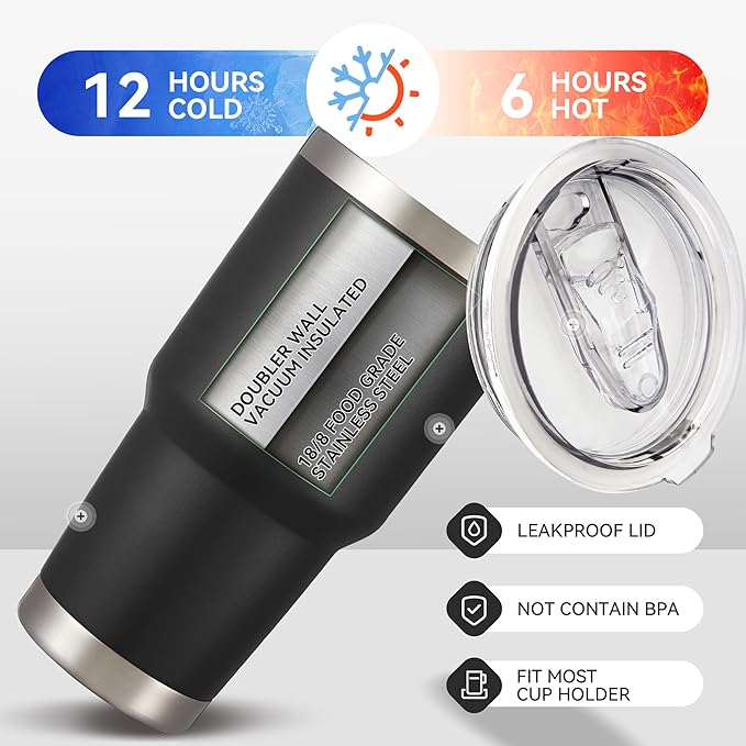 30 oz Tumbler with Lid Stainless Steel Tumblers Bulk Vacuum Insulated Cup Reusable Powder Coated Travel Mug Double Wall Leak Proof Cups Keep Cold Drinks for 12 Hours Black, Set of 8