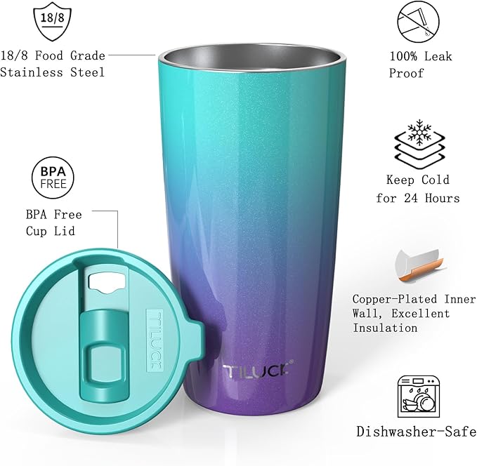TILUCK 20 oz Tumbler with Leak-Proof Lid, Vacuum Insulated Stainless Steel Coffee Mug, Double-Walled Travel Tumbler for Hot and Cold Drinks(BluePurple, 20oz)