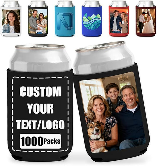 1000 Pack Custom Can Coolers - Bulk Personalized Neoprene Beer Sleeves with Logo Text Photo Insulated Drink Holders for Weddings Parties Events