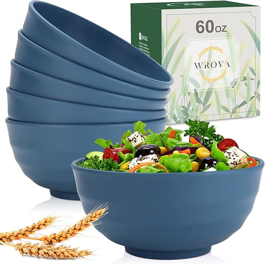 Wheat Straw Bowls Set 60 OZ Unbreakable Large Cereal Bowls Set of 6 Microwave and Dishwasher Safe Bowls Big Bowls for Camping and Party BPA Free Soup Bowl for Serving Oatmeal and Salad (Blue)