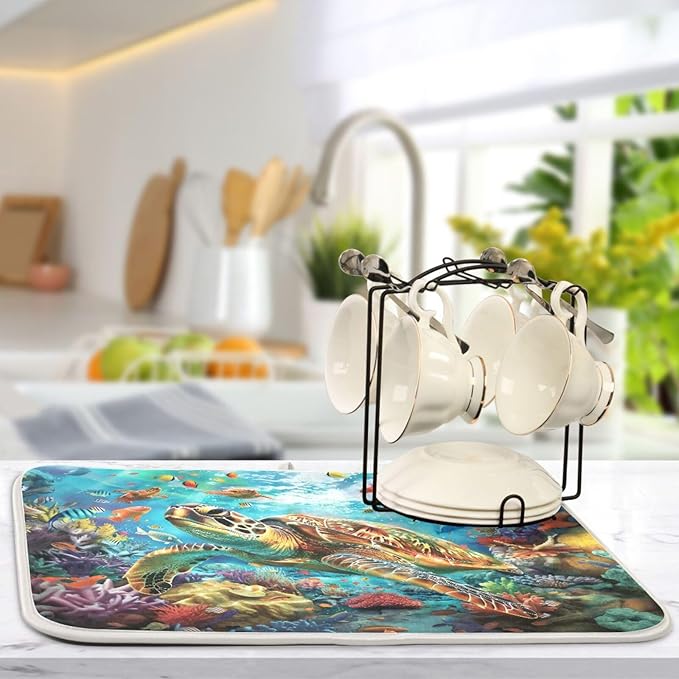 Sea Turtle Coral Fish Dish Drying Mat for Kitchen Counter Super Absorbent Dishes Pad Reversible Microfiber Protector Dish Draining Mats 16x18 inch