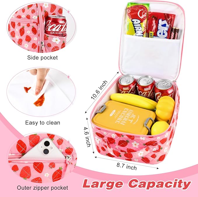 Aileam Lunch Box for Women Cute Strawberry Lunch Bag Quilted Reusable Insulated Lunch Box Aesthetic Lunch Tote Bags Floral Cotton Lunch Case for Travel Work Picnic (Pink Strawberry Flower)
