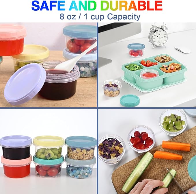 12pcs 8 oz Plastic Containers with Screw Lids, Reusable Clear Food Storage Containers with Pen and Brush for Snack Salad Fruit, Leakproof Small Freezer Containers, Microwave & Dishwasher Safe