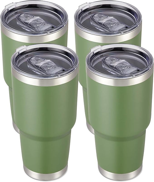 30 oz Tumbler with Lid Stainless Steel Tumblers Bulk Vacuum Insulated Cup Reusable Powder Coated Travel Mug Double Wall Leak Proof Cups Keep Cold Drinks for 12 Hours Army Green, Set of 4