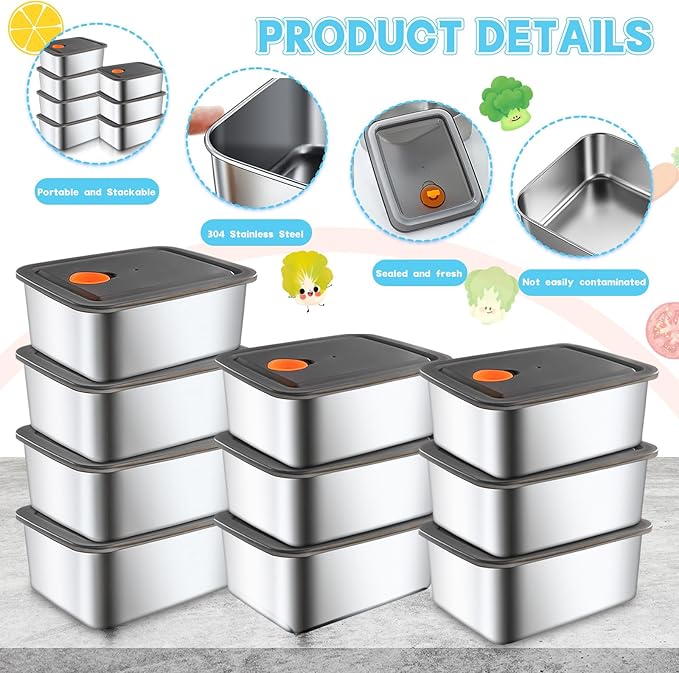 10 Set Stainless Steel Food Storage Containers with Lids, Reusable Metal Meal Prep Containers, Leak-Proof Stackable Storage Boxes, Dishwasher and Freezer Safe, Durable Bento Snack Boxes(20oz)