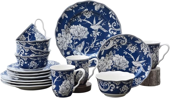 222 Fifth Adelaide 16-Piece Dark Blue Porcelain Dinnerware Set – Service for 4, Plate, Bowl & Mug Set, Bird & Floral Design, for Everyday Dining & Entertainment, Microwave & Dishwasher Safe