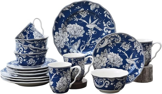 222 Fifth Adelaide 16-Piece Dark Blue Porcelain Dinnerware Set – Service for 4, Plate, Bowl & Mug Set, Bird & Floral Design, for Everyday Dining & Entertainment, Microwave & Dishwasher Safe