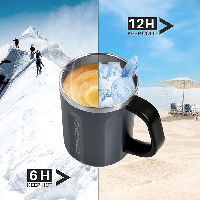 Stainless Steel Coffee Mug Cup with Handle, 16 oz Double Wall Vacuum Insulated Travel Mug Tumbler With Slider Lid, Insulated Camping Tea Flask for Hot & Cold Drinks (Grey)