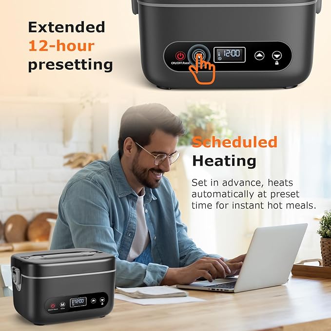 1.2L Cordless Electric Lunch Box – 20000mAh Rechargeable Portable Food Warmer with 5-Sided Heating, Auto Temperature Control, Leakproof & BPA-Free – Perfect for Office, Truck, Outdoors Black
