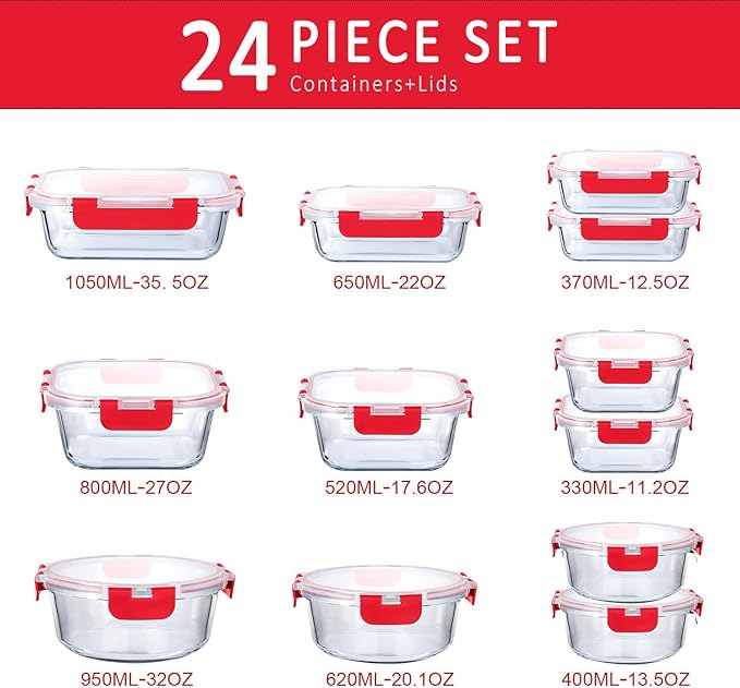 24-Piece Glass Food Storage Containers with Locking Lids,Glass Meal Prep Containers Set - Airtight Lunch Containers, Microwave, Oven, Freezer and Dishwasher, Red