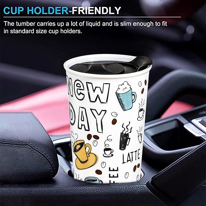 Ceramic Travel Coffee Mug, 12 oz, Portable, Travel Mug with Lid, Double Wall Tall Cup, To Go Tumbler for Car Cup Holder, Splash Resistant Lid, Dishwasher Safe, Gifts for Women Men Her Him (New Day)