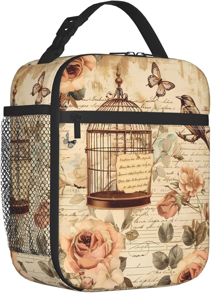 Reusable Vintage Birdcage and Rose Lunch Box for Kids Girls Boys Women Adult, Insulated Floral Retro Lunch Bag,Polyester Cooler Handbags Case for School Picnic Work Travel Beach or Hiking