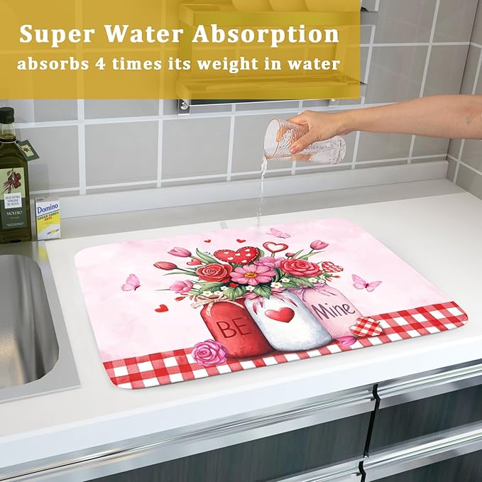 Rose Vase Dish Drying Mat 18x24 inch Romantic Floral Washable Absorbent Dish Dry Pad Fast Dry Drainer Rack Mats Kitchen Counter Accessories