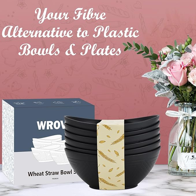 Wrova 65oz Big Wheat Straw Bowls - Large Salad Bowls set of 6 - Unbreakable Serving Bowls - Microwave & Dishwasher Safe - Oval Bowls for Cereal,Salad,Fruit - Pure Black