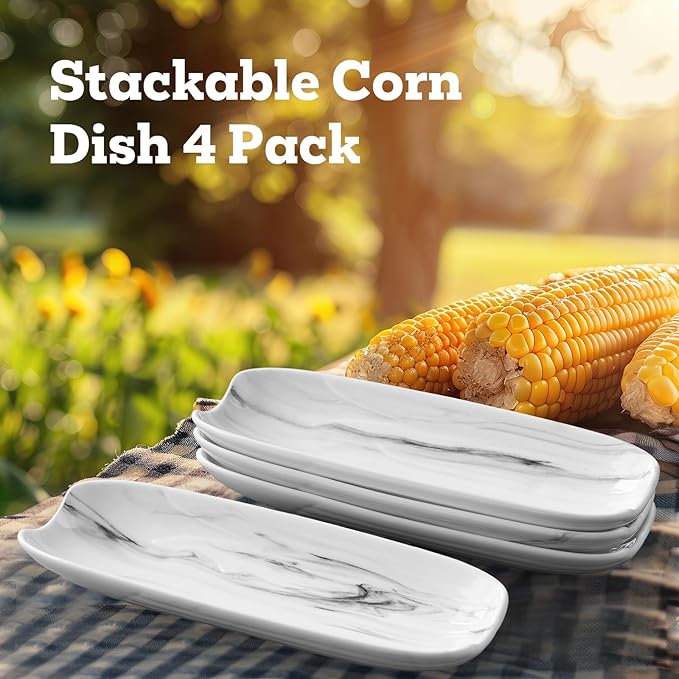 Cinf Ceramic Corn Cob Holders 8.8" Corn Dishes Set of 4 Trays Non-slip Bottom Microwave Dishwasher Oven Safe (Marble Pattern)