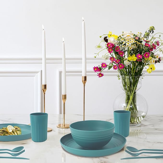 Wheat Straw Plates and Bowls Sets 28 PCS,Chip Resistant Dinnerware Sets for 4,Microwave Safe Dish Sets, Stackable and Lightweight Cup Set, Cutlery Set for Kitchen,Outdoor,Camping(Green)