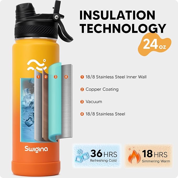 [2-IN-1 LID] Insulated Water Bottle with Silicone Boot (36hrs Cold/18hrs Hot) - DIY Stickers, Leakproof, BPA Free, 24 oz