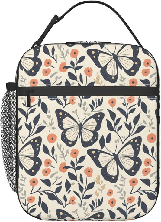 Butterfly Floral Lunch Bag, Polyester Tote Bags with Flower and Leaf, Minimal Vintage Insulated Lunchbox, Portable Lunchbag Decor Gifts for Work, Picnic, School, Travel, Beach or Fishing