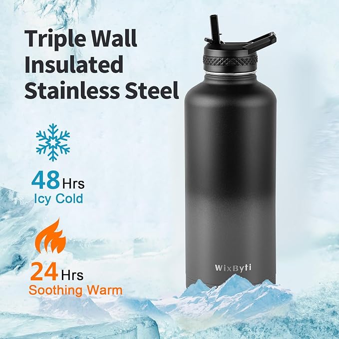 87 oz Insulated Water Bottle with Straw (Cold for 48 Hrs), Half Gallon Stainless Steel Triple Wall Vacuum Sports Water Jug, Leakproof Hydro Cup Flask with Straw Spout Lids & DIY Stickers