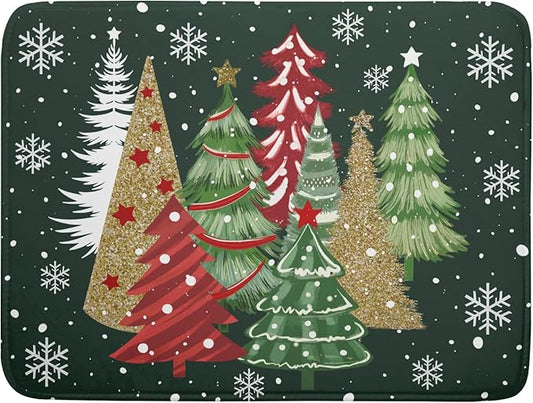 Christmas Dish Drying Mats 18x24, Farmhouse Gold Red Xmas Pine Trees Winter Holiday Washable Microfiber Absorbent Dishes Drainer Rack Pad for Coffee Machine Bar Sink Counter