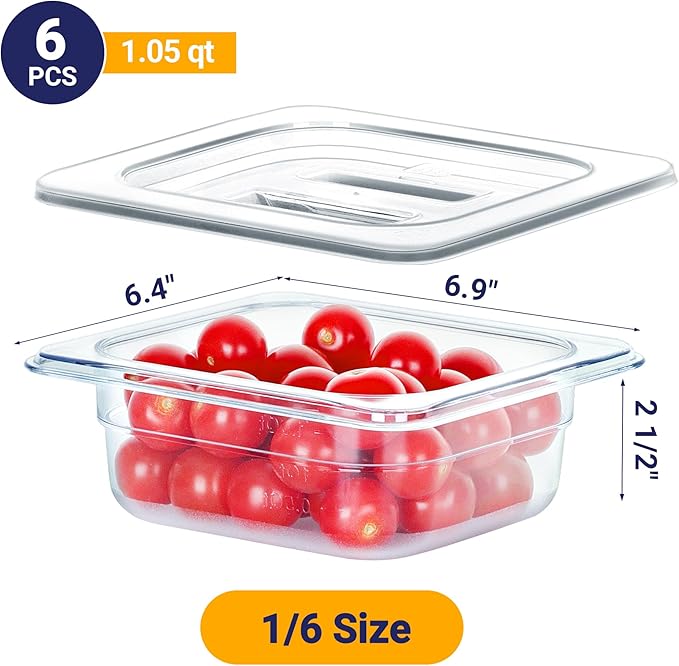 6 Pack NSF Food Pans with Lids, 1/6 Size 2.6'' Deep Commercial Food Storage Containers, Polycarbonate, Clear