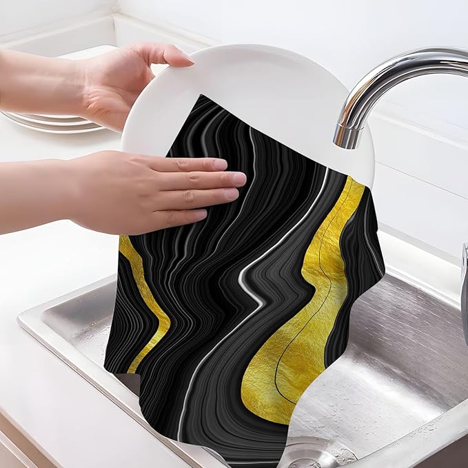 Black Gold Kitchen Towels Set of 2, Marble Texture Decorative Dish Hand Towels for Bathroom Bar Abstract Modern Absorbent Drying Cloth 16x24 Inch, Black Gold Kitchen Decor
