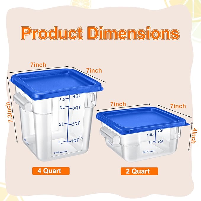 Suclain 8 Pcs Food Storage Container with Lids Set 2qt and 4qt Square Clear Commercial Containers with Scales Handles for Home Restaurant Kitchen Food Storage, Marinating Meat, Proof Dough (Blue)