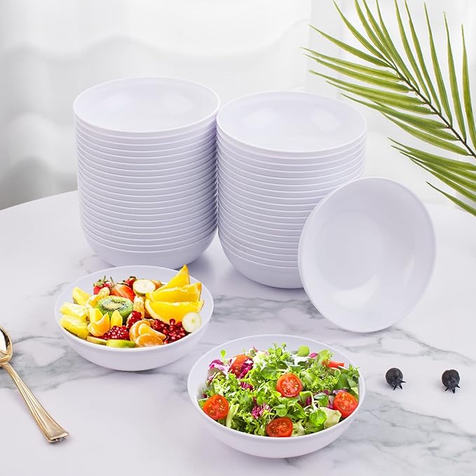 bUCLA 50Pack 12oz White Plastic Bowls - Disposable White Plastic Salsa Bowls Premium Heavy Duty - Ideal for Wedding &Party