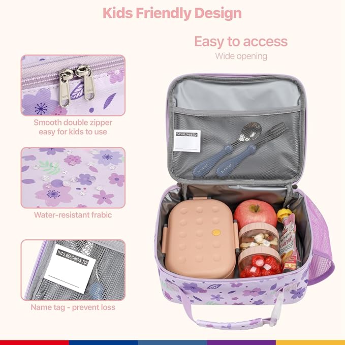 Bagseri Kids Lunch Bag for Girls - Insulated Kids Lunch Box for Daycare and School Reusable Meal Tote Bag with Water Bottle Holder, Easy-Clean Water-Resistant Fabric, Purple Floral