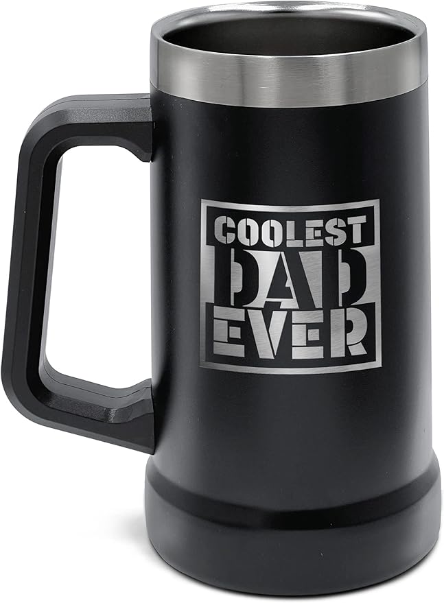 Unique XL Stainless Steel Insulated Tumbler Cup with Handle (24oz) Beer Mug for Hot/Cold Drinks, Gift Idea for Christmas, Birthday, Father's Day, Coolest Dad Ever (Gift-Boxed)