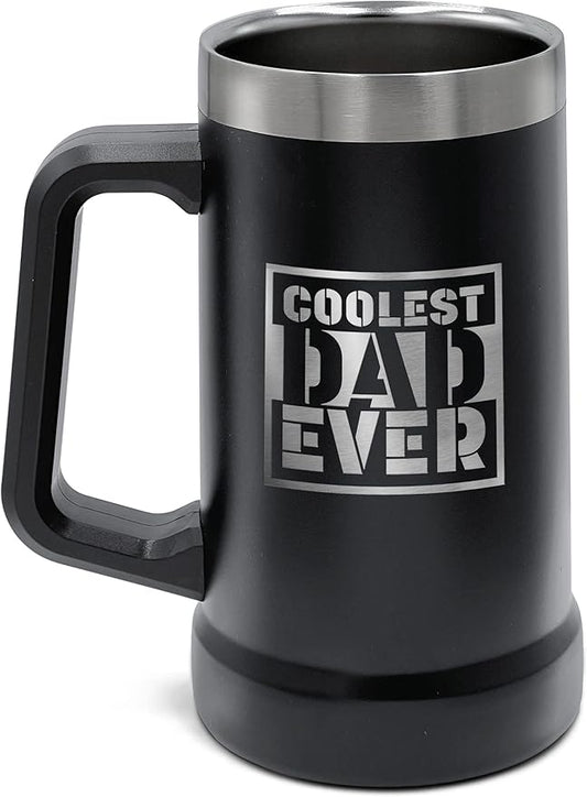 Unique XL Stainless Steel Insulated Tumbler Cup with Handle (24oz) Beer Mug for Hot/Cold Drinks, Gift Idea for Christmas, Birthday, Father's Day, Coolest Dad Ever (Gift-Boxed)