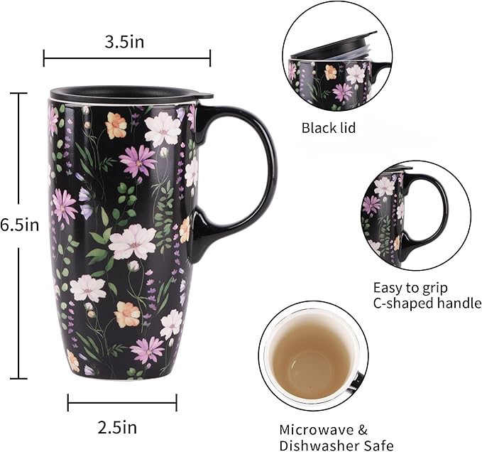 Topadorn Ceramic Travel Mug Coffee Cups with Spill-Proof Lid, Latte Mugs for Home and Office with Gift Box, Holiday Gift Her Him, Black