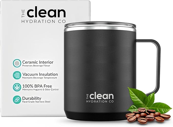 Coffee Cup Travel Mug Insulated - 12 Oz | Ceramic Lined Tumbler Cup with Lid | Reusable Office Mug | Double Wall Vacuum Eco-Friendly, BPA-Free