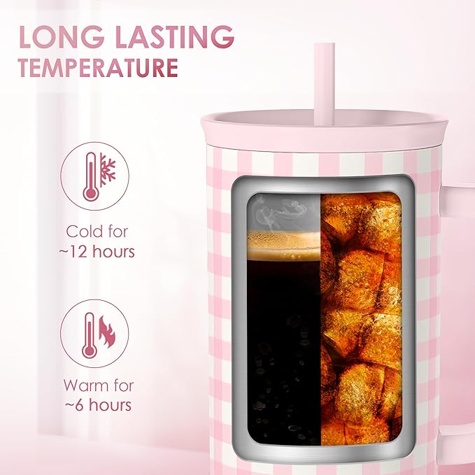 Pink Gingham 40oz Slider Tumbler with Handle and Straw - Insulated Stainless Steel Travel Coffee Mug for Women Girls, Gift for Birthday, Christmas