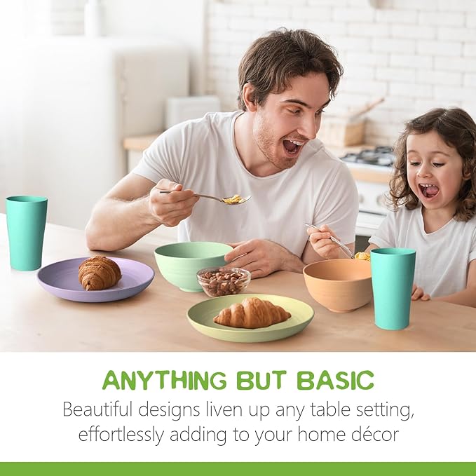 Teivio 32-Piece Kitchen Plastic Wheat Straw Dinnerware Set, Service for 8,Dinner Plates, Dessert Plate, Cereal Bowls,Cups,Unbreakable Colorful Plastic Outdoor Camping Dishes for Patio,Hues Multicolor