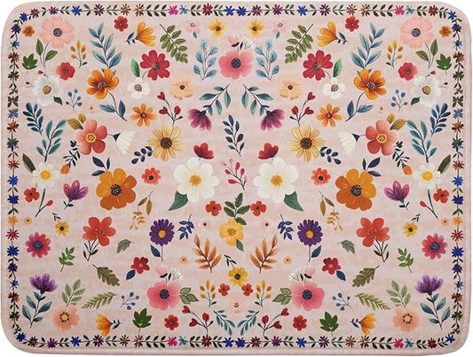 Spring Flowers Dish Drying Mat - Summer Pink Floral Washable Decorative Drying Pad for Women Home Kitchen Decor