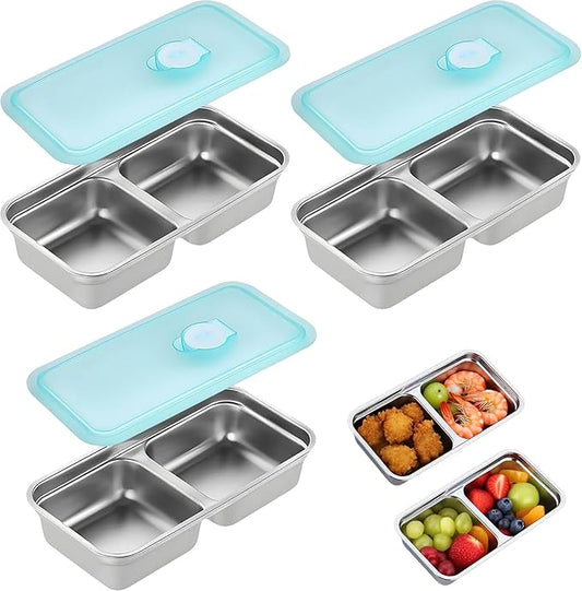 Reusable Stainless Steel Snack Containers with Lids,Double Compartment 2 Condiment,Grab and Go Divided Snack Food Storage Containers for Kids Adults, Sauce Cups for School, Trave (3)