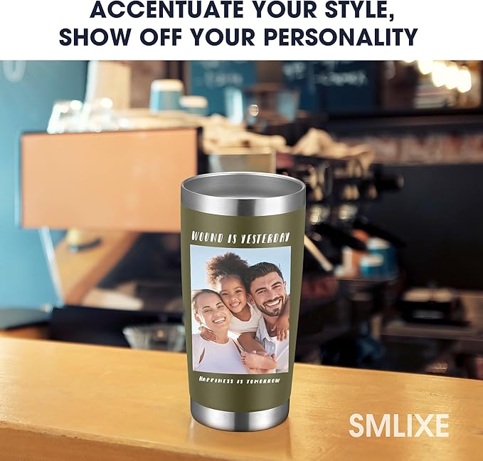 Personalized Custom Tumbler Print in USA 20oz Stainless Steel Coffee Cup with Lid & Straw Double Wall Insulated Tumbler with Colorful Text Logo Photo