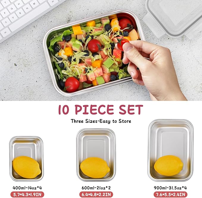 10 PC Square 304 Stainless Steel Food Containers with Lids, Airtight Bento Lunch Box, Metal Meal Prep Food Containers Reusable Stackable | Nestable Oven/Dishwsher/Freezer Safe
