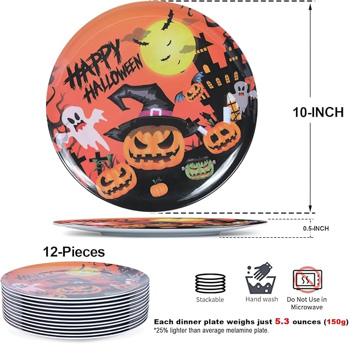10-Inch Halloween Melamine Dinner Plates, 12-Piece Dishes Set, Lightweight & Stackable for Holidays& Decor‌ Party plates, Ideal for Salad,Dessert,Fruit and Cakes-Halloween Pattern