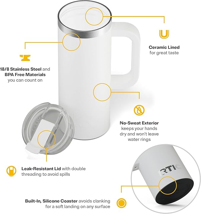 RTIC 20oz Road Trip Travel Mug with Lid and Handle, Ceramic Lined, Insulated, Stainless Steel, Metal, Double Wall Vacuum-Insulation, Portable Coffee, Tea Cup for Hot and Cold Drink, White