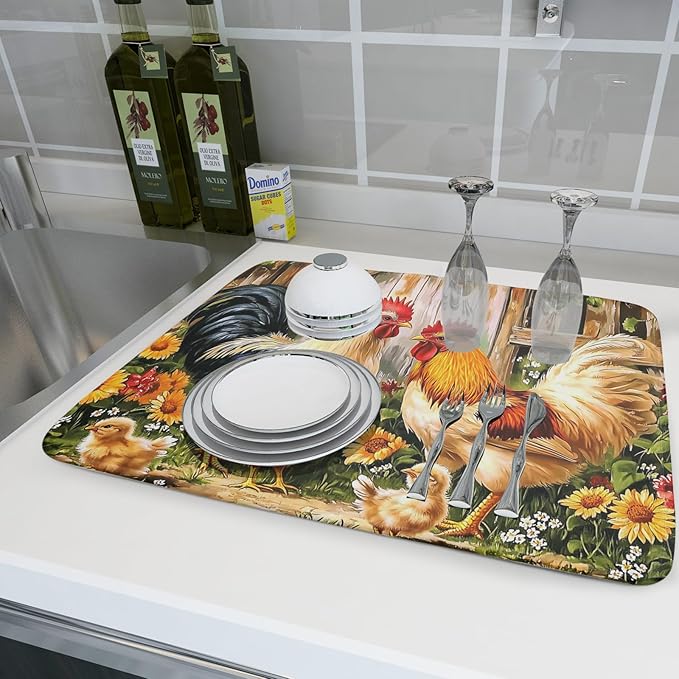 Rooster Dish Drying Mat 18x24 Inch, Rustic Country Farm Chickens Wooden Fence Absorbent Microfiber Non-Slip Counter Rack Sink Drainer Pad for Kitchen Countertop Table Decor