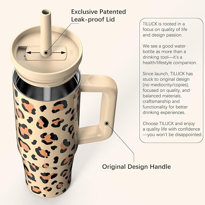 TILUCK 30 oz Tumbler with Handle, Vacuum Insulated Stainless Steel Travel Mug with 100% Leak-Proof Silicone Straw Lid, Cupholder Friendly Water Bottle(Leopard, 30oz)